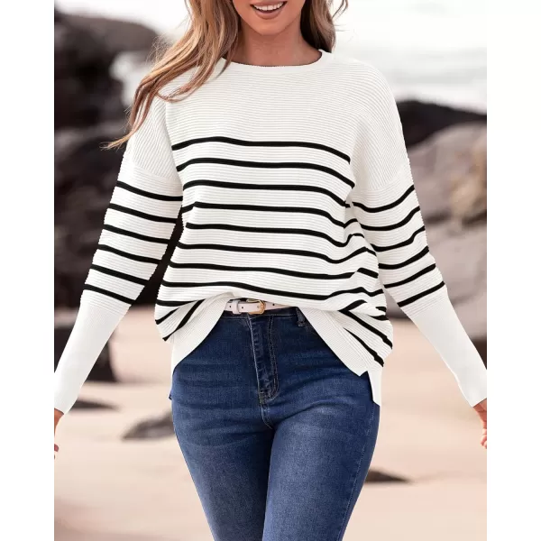 imageBTFBM Casual Women 2024 Fall Sweater Long Sleeve Ribbed Knit Pullover Loose Crewneck Batwing Split SweaterStriped White Black