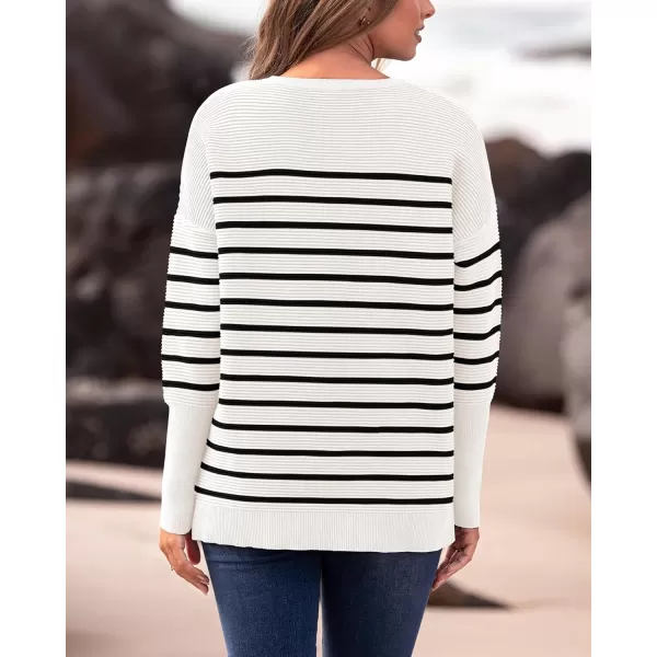 imageBTFBM Casual Women 2024 Fall Sweater Long Sleeve Ribbed Knit Pullover Loose Crewneck Batwing Split SweaterStriped White Black