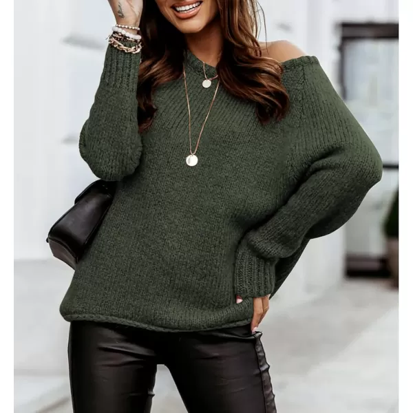 imageBTFBM Women Casual Long Sleeve Fall Sweaters Crew Neck Solid Color Soft Ribbed Knitted Oversized Pullover Loose Fit JumperSolid Army Green