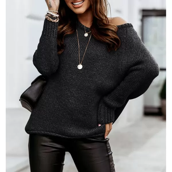 imageBTFBM Women Casual Long Sleeve Fall Sweaters Crew Neck Solid Color Soft Ribbed Knitted Oversized Pullover Loose Fit JumperSolid Black