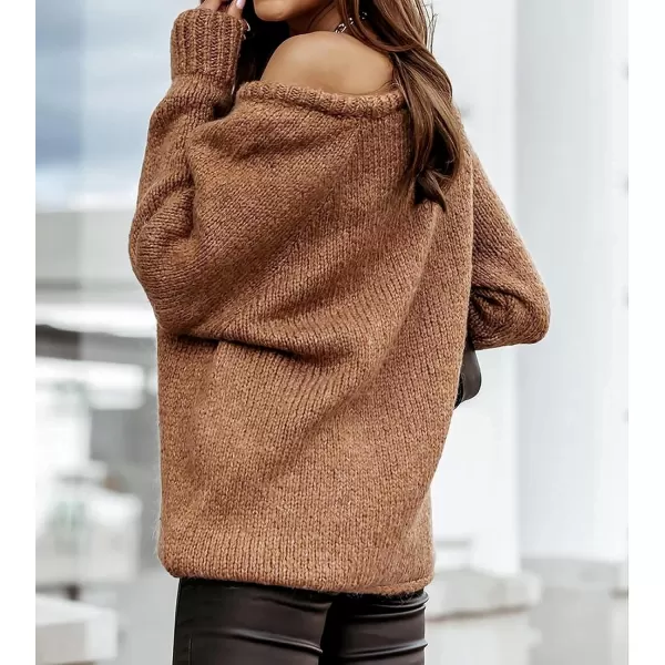 imageBTFBM Women Casual Long Sleeve Fall Sweaters Crew Neck Solid Color Soft Ribbed Knitted Oversized Pullover Loose Fit JumperSolid Brown