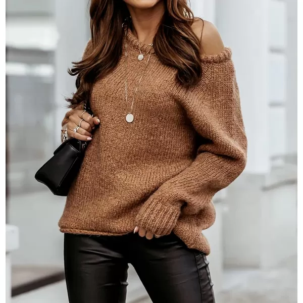 imageBTFBM Women Casual Long Sleeve Fall Sweaters Crew Neck Solid Color Soft Ribbed Knitted Oversized Pullover Loose Fit JumperSolid Brown