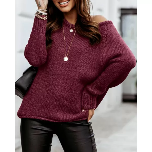 imageBTFBM Women Casual Long Sleeve Fall Sweaters Crew Neck Solid Color Soft Ribbed Knitted Oversized Pullover Loose Fit JumperSolid Burgundy