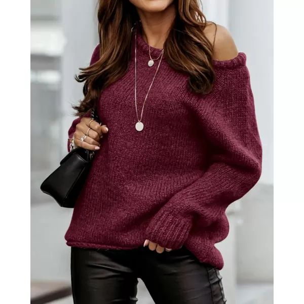 imageBTFBM Women Casual Long Sleeve Fall Sweaters Crew Neck Solid Color Soft Ribbed Knitted Oversized Pullover Loose Fit JumperSolid Burgundy