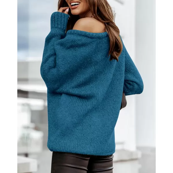 imageBTFBM Women Casual Long Sleeve Fall Sweaters Crew Neck Solid Color Soft Ribbed Knitted Oversized Pullover Loose Fit JumperSolid Dark Blue