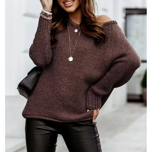 imageBTFBM Women Casual Long Sleeve Fall Sweaters Crew Neck Solid Color Soft Ribbed Knitted Oversized Pullover Loose Fit JumperSolid Dark Coffee