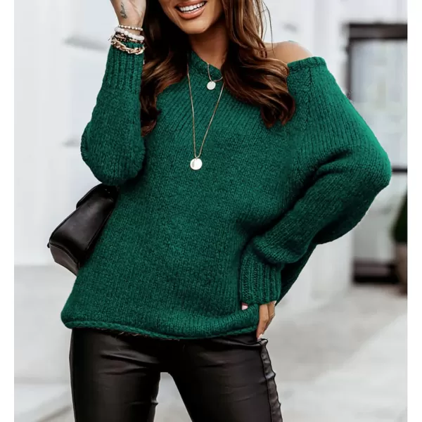 imageBTFBM Women Casual Long Sleeve Fall Sweaters Crew Neck Solid Color Soft Ribbed Knitted Oversized Pullover Loose Fit JumperSolid Dark Green