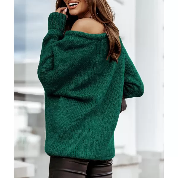 imageBTFBM Women Casual Long Sleeve Fall Sweaters Crew Neck Solid Color Soft Ribbed Knitted Oversized Pullover Loose Fit JumperSolid Dark Green