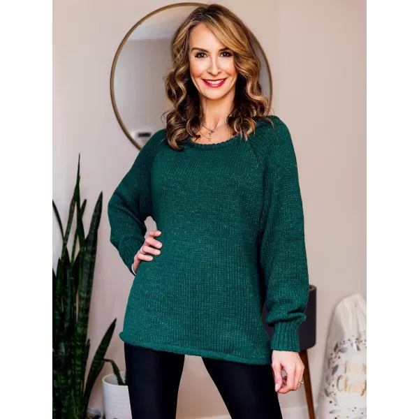 imageBTFBM Women Casual Long Sleeve Fall Sweaters Crew Neck Solid Color Soft Ribbed Knitted Oversized Pullover Loose Fit JumperSolid Dark Green