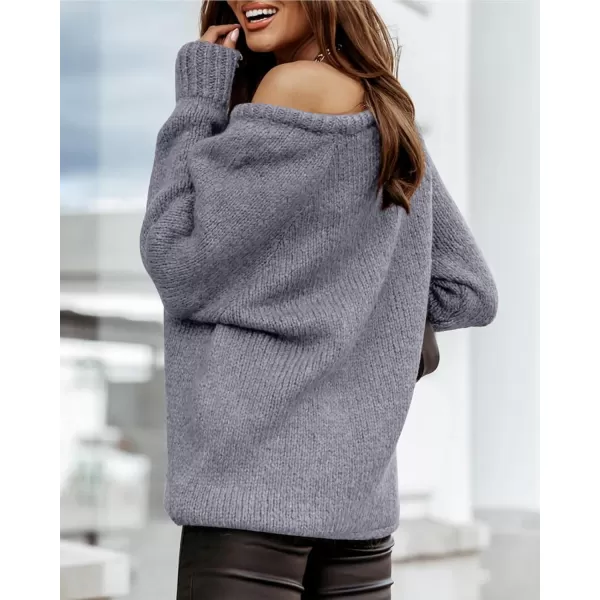 imageBTFBM Women Casual Long Sleeve Fall Sweaters Crew Neck Solid Color Soft Ribbed Knitted Oversized Pullover Loose Fit JumperSolid Grey