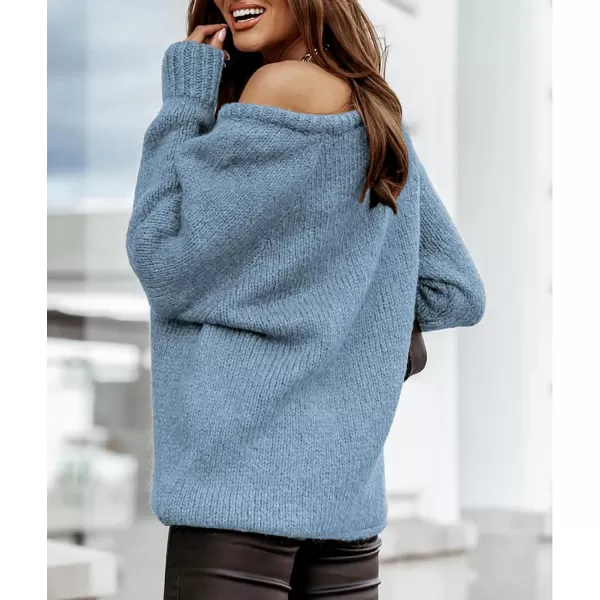 imageBTFBM Women Casual Long Sleeve Fall Sweaters Crew Neck Solid Color Soft Ribbed Knitted Oversized Pullover Loose Fit JumperSolid Grey Blue