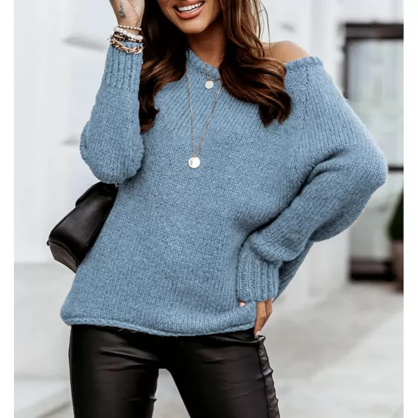 imageBTFBM Women Casual Long Sleeve Fall Sweaters Crew Neck Solid Color Soft Ribbed Knitted Oversized Pullover Loose Fit JumperSolid Grey Blue