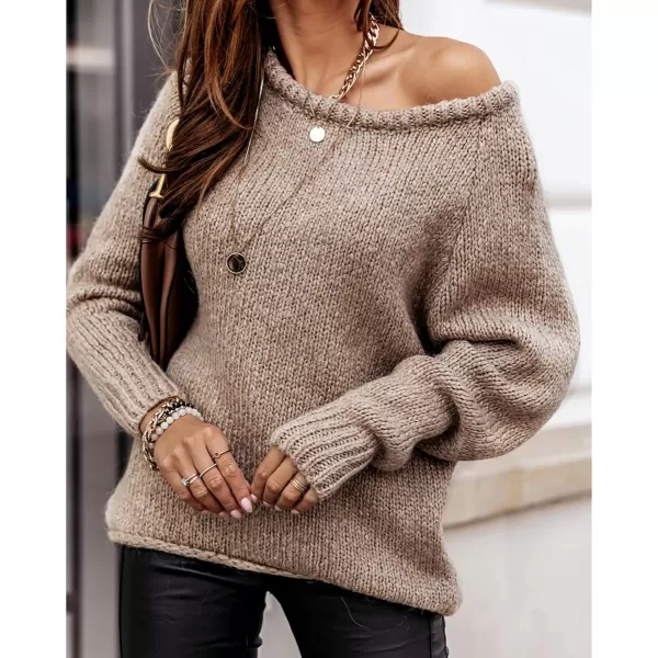 imageBTFBM Women Casual Long Sleeve Fall Sweaters Crew Neck Solid Color Soft Ribbed Knitted Oversized Pullover Loose Fit JumperSolid Khaki