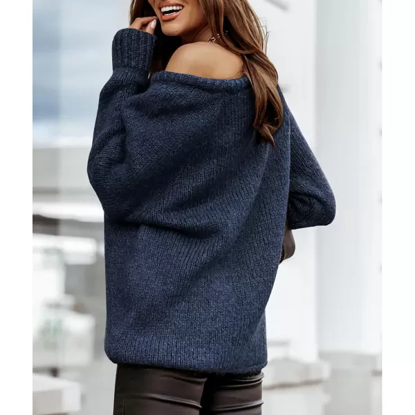 imageBTFBM Women Casual Long Sleeve Fall Sweaters Crew Neck Solid Color Soft Ribbed Knitted Oversized Pullover Loose Fit JumperSolid Navy