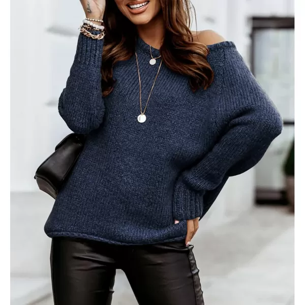 imageBTFBM Women Casual Long Sleeve Fall Sweaters Crew Neck Solid Color Soft Ribbed Knitted Oversized Pullover Loose Fit JumperSolid Navy