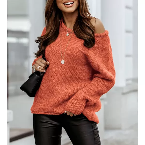 imageBTFBM Women Casual Long Sleeve Fall Sweaters Crew Neck Solid Color Soft Ribbed Knitted Oversized Pullover Loose Fit JumperSolid Orange