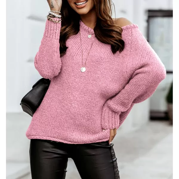 imageBTFBM Women Casual Long Sleeve Fall Sweaters Crew Neck Solid Color Soft Ribbed Knitted Oversized Pullover Loose Fit JumperSolid Pink