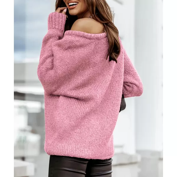 imageBTFBM Women Casual Long Sleeve Fall Sweaters Crew Neck Solid Color Soft Ribbed Knitted Oversized Pullover Loose Fit JumperSolid Pink