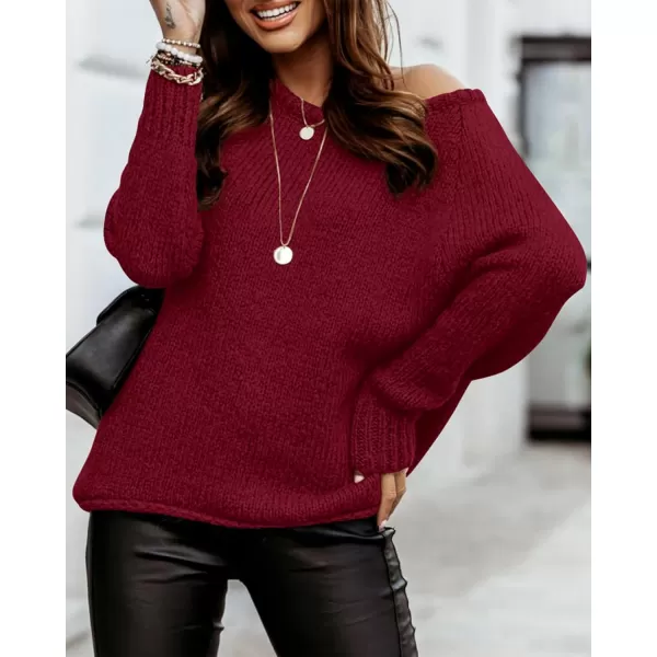 imageBTFBM Women Casual Long Sleeve Fall Sweaters Crew Neck Solid Color Soft Ribbed Knitted Oversized Pullover Loose Fit JumperSolid Red