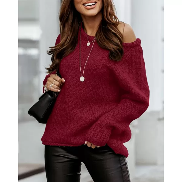 imageBTFBM Women Casual Long Sleeve Fall Sweaters Crew Neck Solid Color Soft Ribbed Knitted Oversized Pullover Loose Fit JumperSolid Red