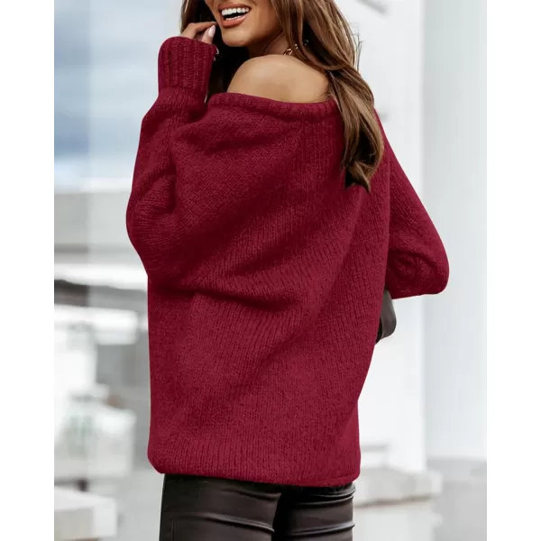 imageBTFBM Women Casual Long Sleeve Fall Sweaters Crew Neck Solid Color Soft Ribbed Knitted Oversized Pullover Loose Fit JumperSolid Red