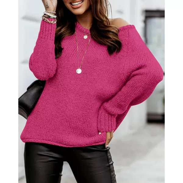 imageBTFBM Women Casual Long Sleeve Fall Sweaters Crew Neck Solid Color Soft Ribbed Knitted Oversized Pullover Loose Fit JumperSolid Rose Red