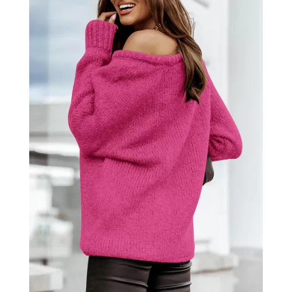 imageBTFBM Women Casual Long Sleeve Fall Sweaters Crew Neck Solid Color Soft Ribbed Knitted Oversized Pullover Loose Fit JumperSolid Rose Red