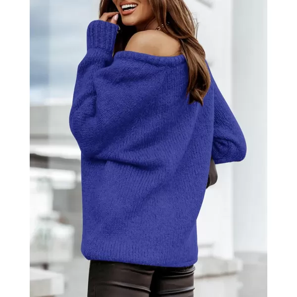imageBTFBM Women Casual Long Sleeve Fall Sweaters Crew Neck Solid Color Soft Ribbed Knitted Oversized Pullover Loose Fit JumperSolid Royal Blue