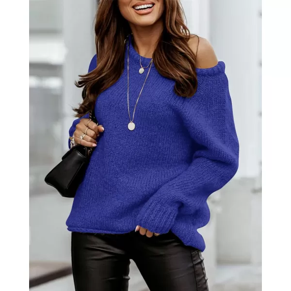 imageBTFBM Women Casual Long Sleeve Fall Sweaters Crew Neck Solid Color Soft Ribbed Knitted Oversized Pullover Loose Fit JumperSolid Royal Blue