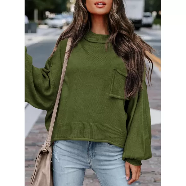 imageBTFBM Womens Oversized Lantern Long Sleeve Sweaters Casual Crewneck 2024 Fall Winter Outfits Ribbed Knit Pullover TopsArmy Green