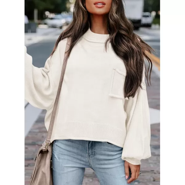 imageBTFBM Womens Oversized Lantern Long Sleeve Sweaters Casual Crewneck 2024 Fall Winter Outfits Ribbed Knit Pullover TopsBeige White