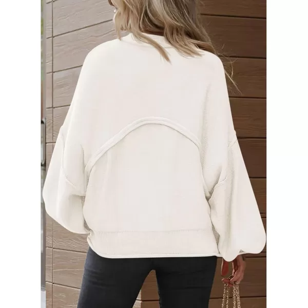 imageBTFBM Womens Oversized Lantern Long Sleeve Sweaters Casual Crewneck 2024 Fall Winter Outfits Ribbed Knit Pullover TopsBeige White