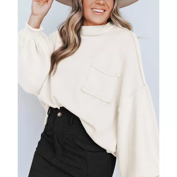 imageBTFBM Womens Oversized Lantern Long Sleeve Sweaters Casual Crewneck 2024 Fall Winter Outfits Ribbed Knit Pullover TopsBeige White