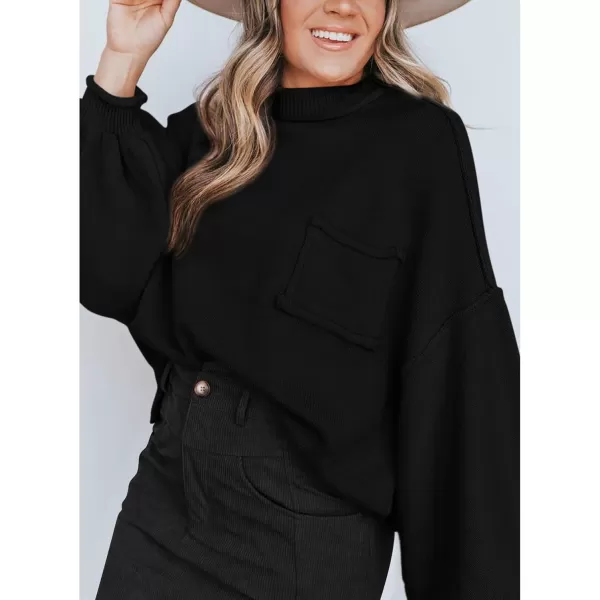 imageBTFBM Womens Oversized Lantern Long Sleeve Sweaters Casual Crewneck 2024 Fall Winter Outfits Ribbed Knit Pullover TopsBlack