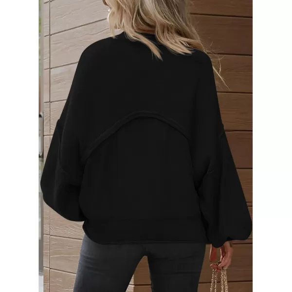 imageBTFBM Womens Oversized Lantern Long Sleeve Sweaters Casual Crewneck 2024 Fall Winter Outfits Ribbed Knit Pullover TopsBlack