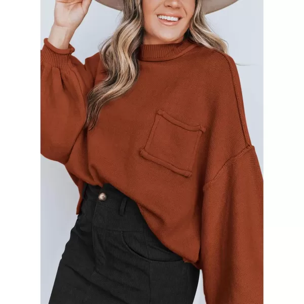 imageBTFBM Womens Oversized Lantern Long Sleeve Sweaters Casual Crewneck 2024 Fall Winter Outfits Ribbed Knit Pullover TopsBrown Orange