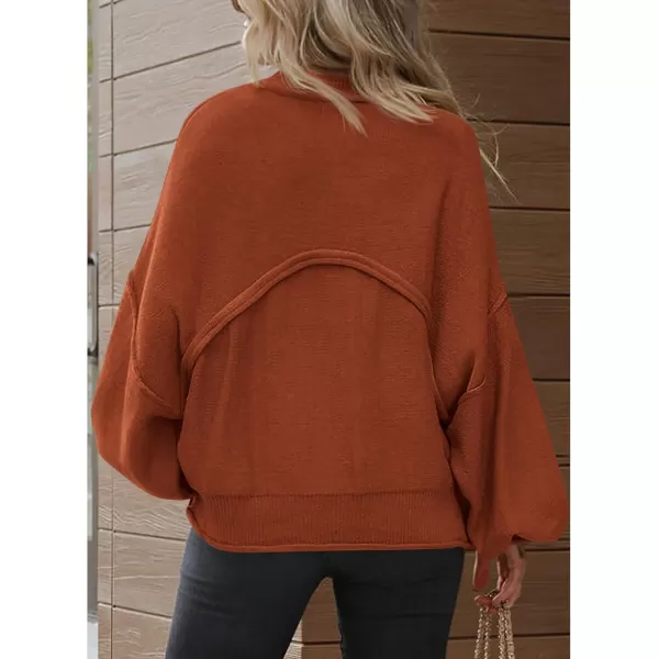 imageBTFBM Womens Oversized Lantern Long Sleeve Sweaters Casual Crewneck 2024 Fall Winter Outfits Ribbed Knit Pullover TopsBrown Orange