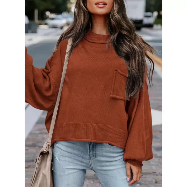imageBTFBM Womens Oversized Lantern Long Sleeve Sweaters Casual Crewneck 2024 Fall Winter Outfits Ribbed Knit Pullover TopsBrown Orange