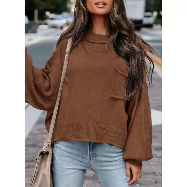 imageBTFBM Womens Oversized Lantern Long Sleeve Sweaters Casual Crewneck 2024 Fall Winter Outfits Ribbed Knit Pullover TopsCamel