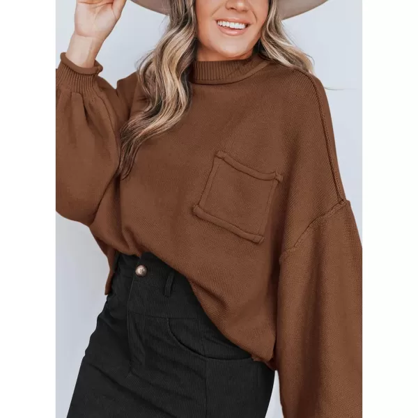 imageBTFBM Womens Oversized Lantern Long Sleeve Sweaters Casual Crewneck 2024 Fall Winter Outfits Ribbed Knit Pullover TopsCamel