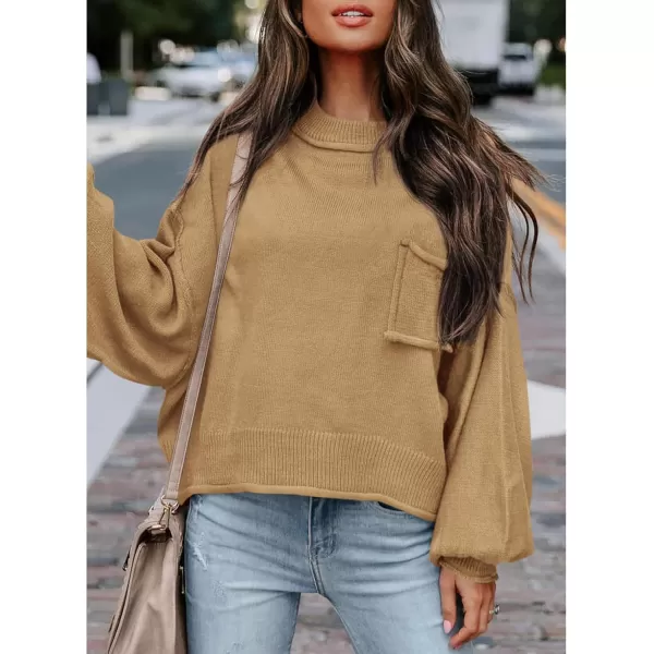 imageBTFBM Womens Oversized Lantern Long Sleeve Sweaters Casual Crewneck 2024 Fall Winter Outfits Ribbed Knit Pullover TopsKhaki
