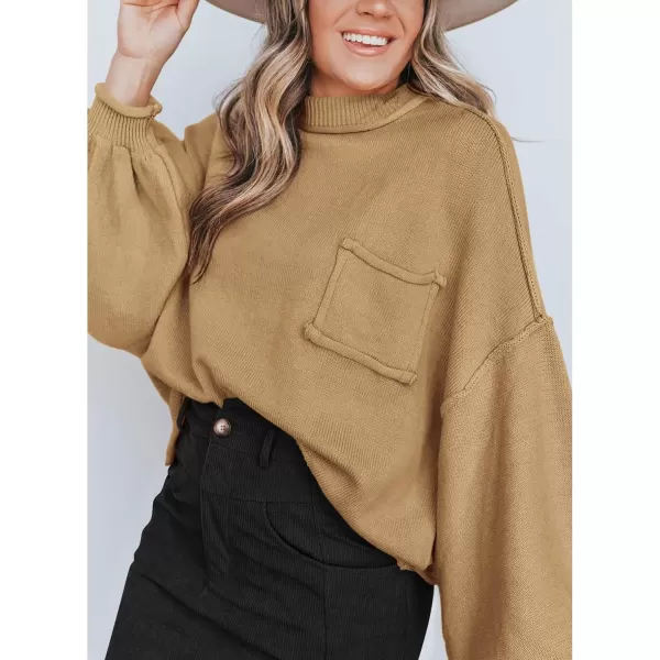 imageBTFBM Womens Oversized Lantern Long Sleeve Sweaters Casual Crewneck 2024 Fall Winter Outfits Ribbed Knit Pullover TopsKhaki