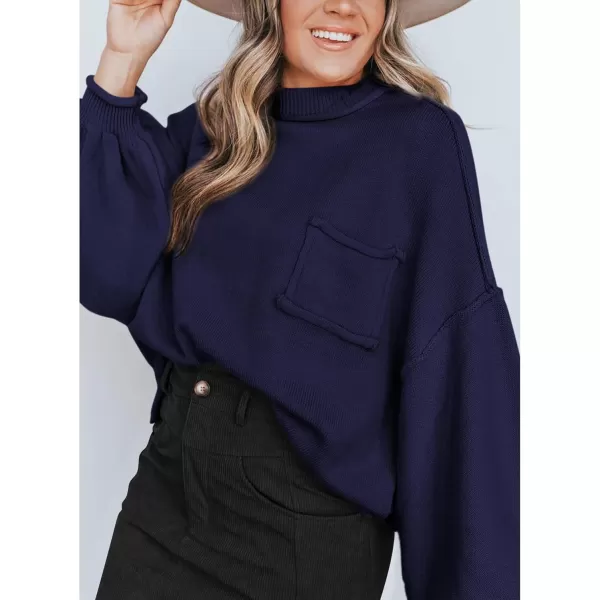 imageBTFBM Womens Oversized Lantern Long Sleeve Sweaters Casual Crewneck 2024 Fall Winter Outfits Ribbed Knit Pullover TopsNavy