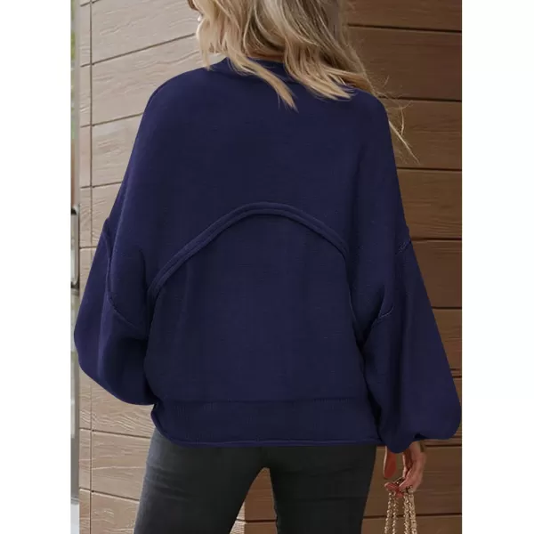 imageBTFBM Womens Oversized Lantern Long Sleeve Sweaters Casual Crewneck 2024 Fall Winter Outfits Ribbed Knit Pullover TopsNavy