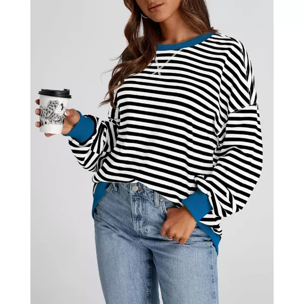 imageBTFBM Womens Striped Pullover Tops 2024 Fall Clothes Long Sleeve Shirts Trendy Soft Crew Neck Loose Y2K SweatshirtsBlack White
