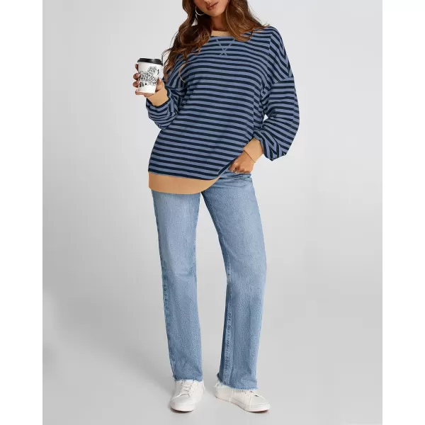 imageBTFBM Womens Striped Pullover Tops 2024 Fall Clothes Long Sleeve Shirts Trendy Soft Crew Neck Loose Y2K SweatshirtsBlue Navy
