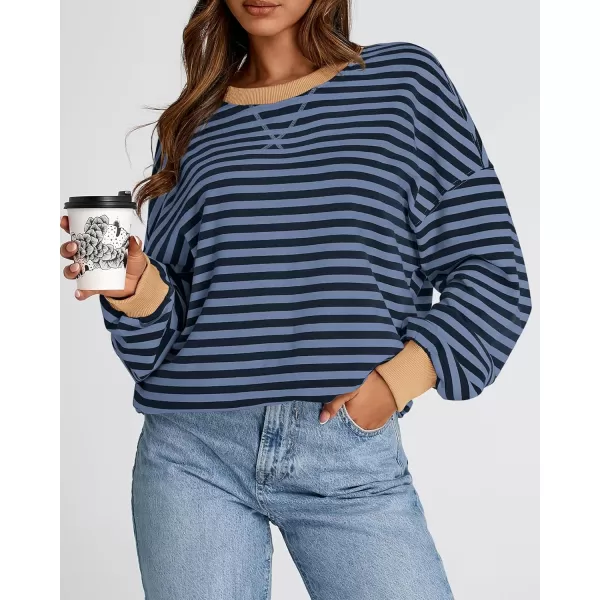 imageBTFBM Womens Striped Pullover Tops 2024 Fall Clothes Long Sleeve Shirts Trendy Soft Crew Neck Loose Y2K SweatshirtsBlue Navy