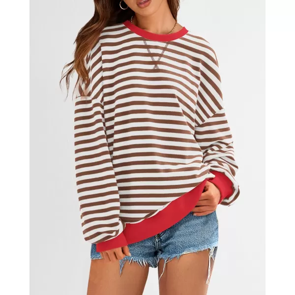 imageBTFBM Womens Striped Pullover Tops 2024 Fall Clothes Long Sleeve Shirts Trendy Soft Crew Neck Loose Y2K SweatshirtsBrown White