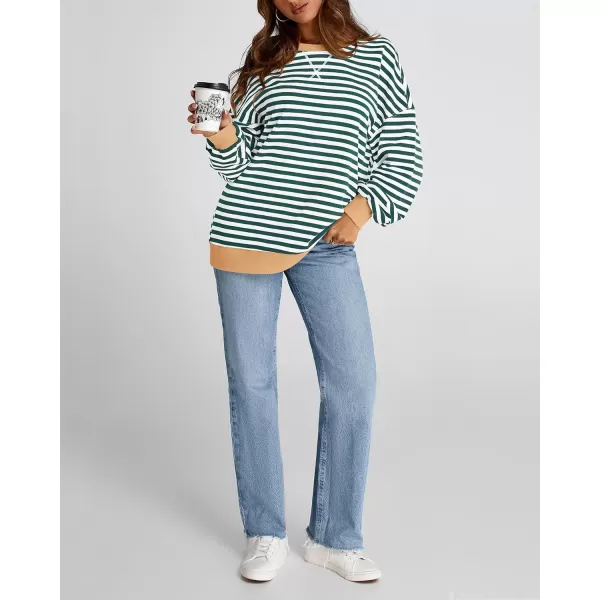 imageBTFBM Womens Striped Pullover Tops 2024 Fall Clothes Long Sleeve Shirts Trendy Soft Crew Neck Loose Y2K SweatshirtsGreen White