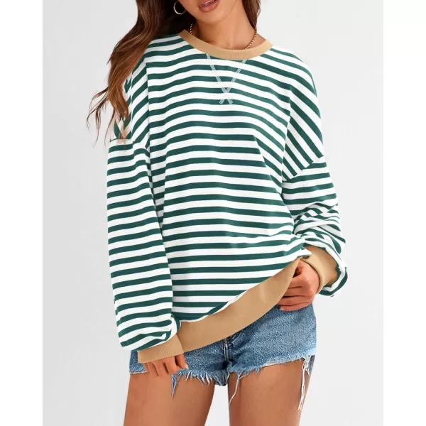 imageBTFBM Womens Striped Pullover Tops 2024 Fall Clothes Long Sleeve Shirts Trendy Soft Crew Neck Loose Y2K SweatshirtsGreen White